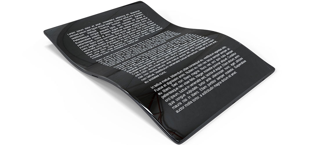 Ultra thin touchscreens image showing curved screen with white text on black paper