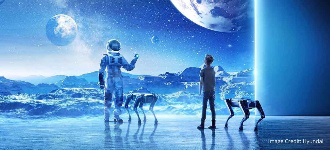 CES metaverse image - boy, astronaut and two robot quadrupeds in space-like environment