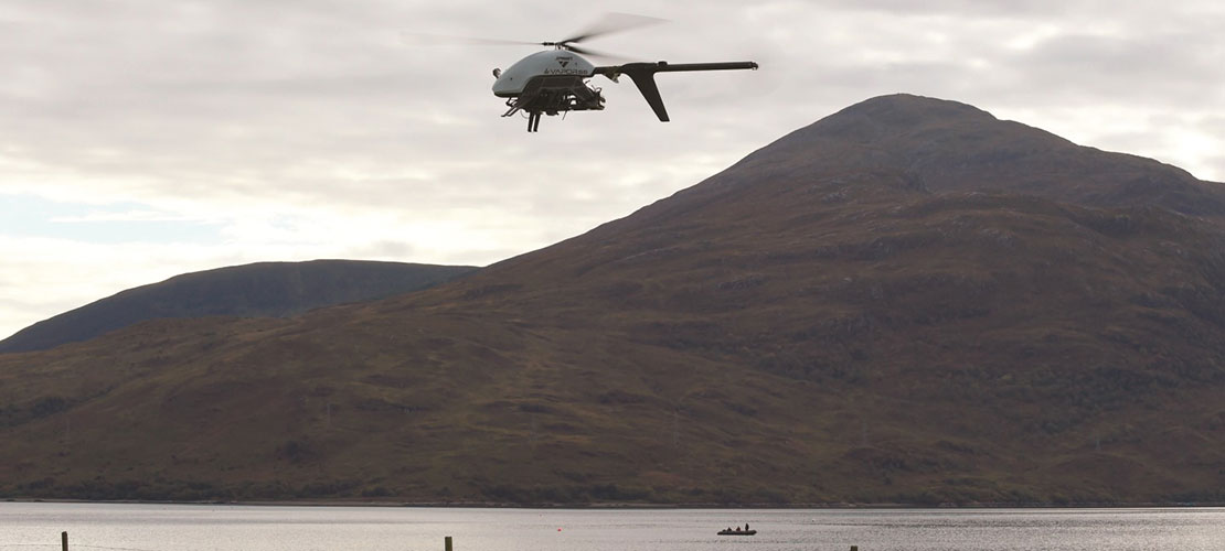 UAV rotary wing drone in flight used as part of Unmanned Warrior exercise