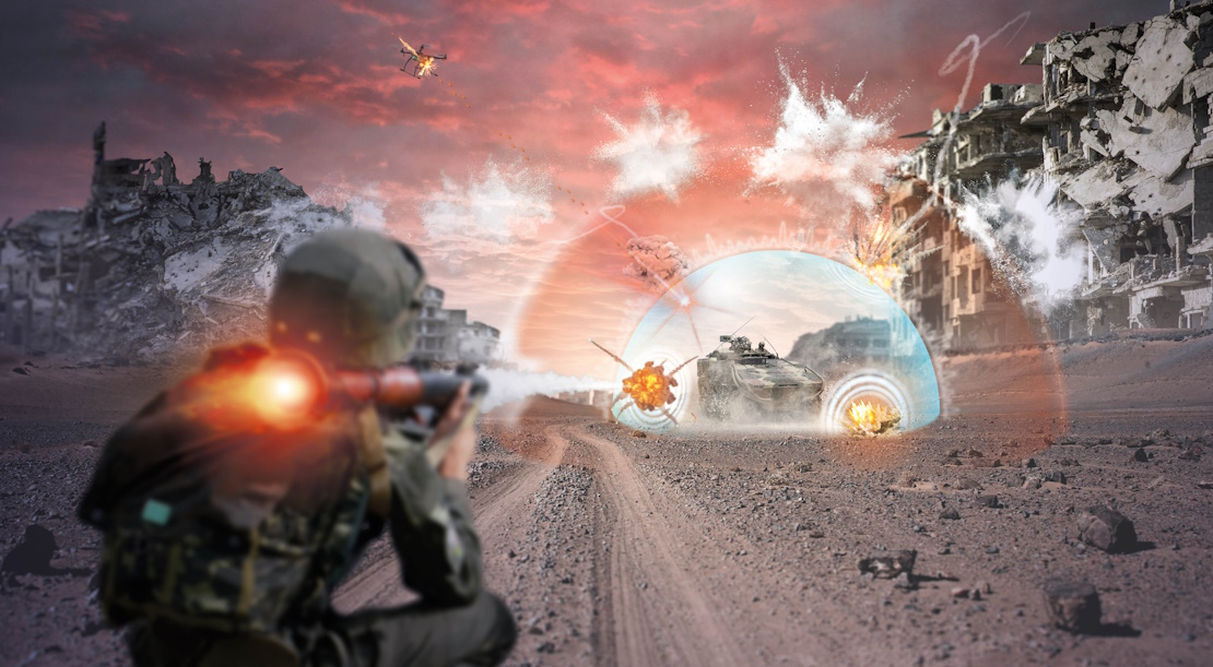 Composed image of a soldier and drones targeting a tank. Credit: Leonardo