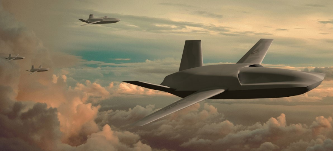 GA-ASI jet-powered robotic drone known as the Gambit - conceptual image showing four in flight