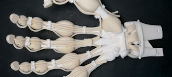 A hand created by a 3D printing process that is multi-material capable, being able to print hard and soft materials in a single pass using an ink-jet printer-like method. Source: Nature