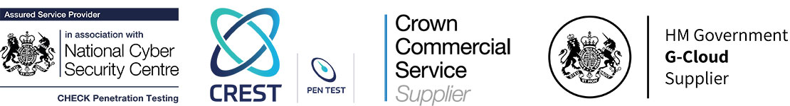 CHECK, CREST, Crown Commercial Service Supplier & HM Government G-Cloud Supplier logos 