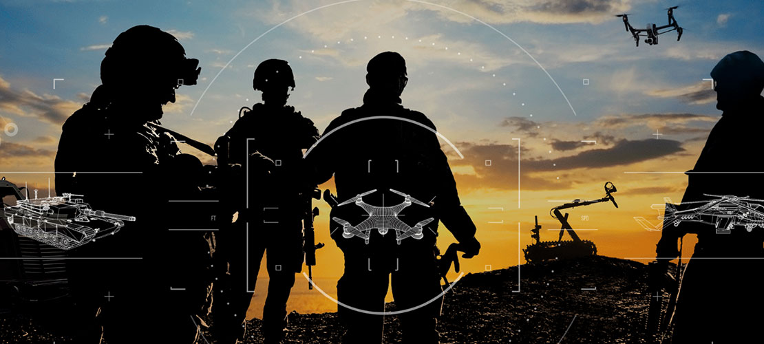 Digital Test and Evaluation Trends composite image of soldiers with various drones land and ground