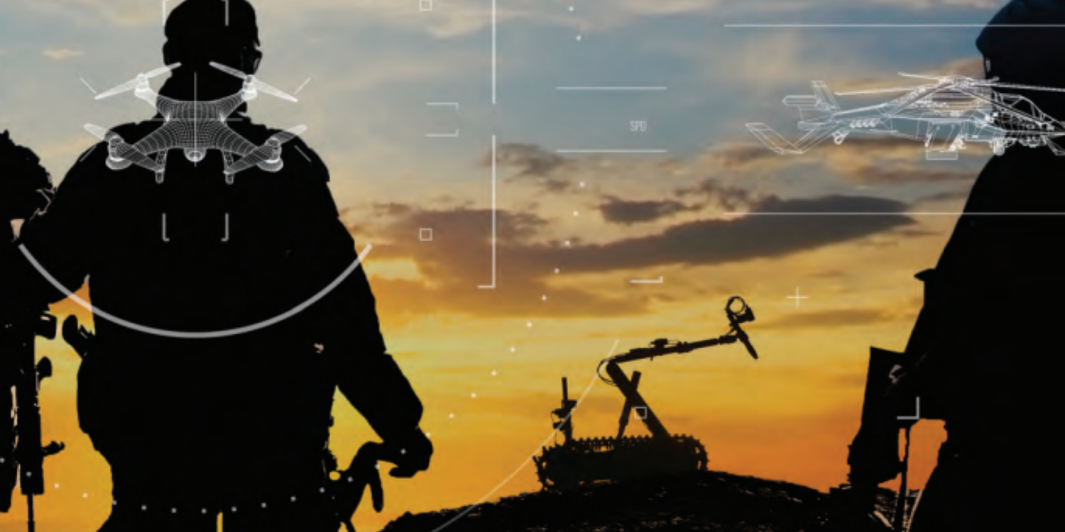 Enacting Prototype Warfare composite image with soldier and equipment in silhouette