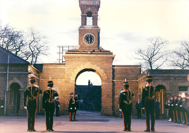 4 March 1998, the last Sunset Ceremony before closure of the Barracks and the only one to be held on the square (as opposed to the Commandants Paddock). General Salute on arrival of the Master Gunner, Field Marshal The Lord Vincent (Shoebury Archive)