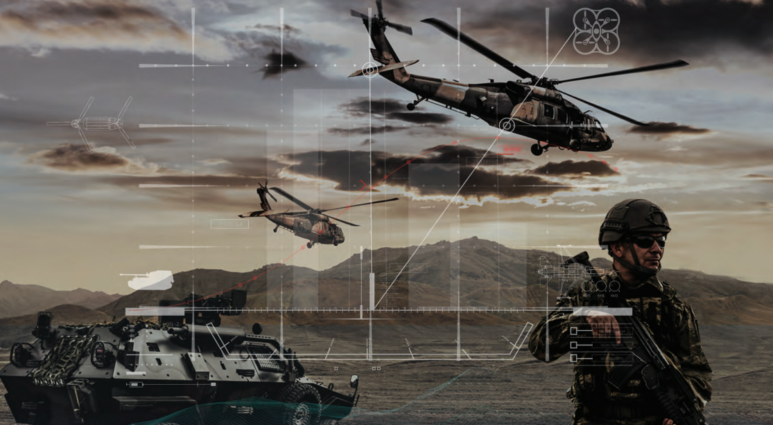 Enacting Prototype Warfare composite image showing soldier tank and helicopters