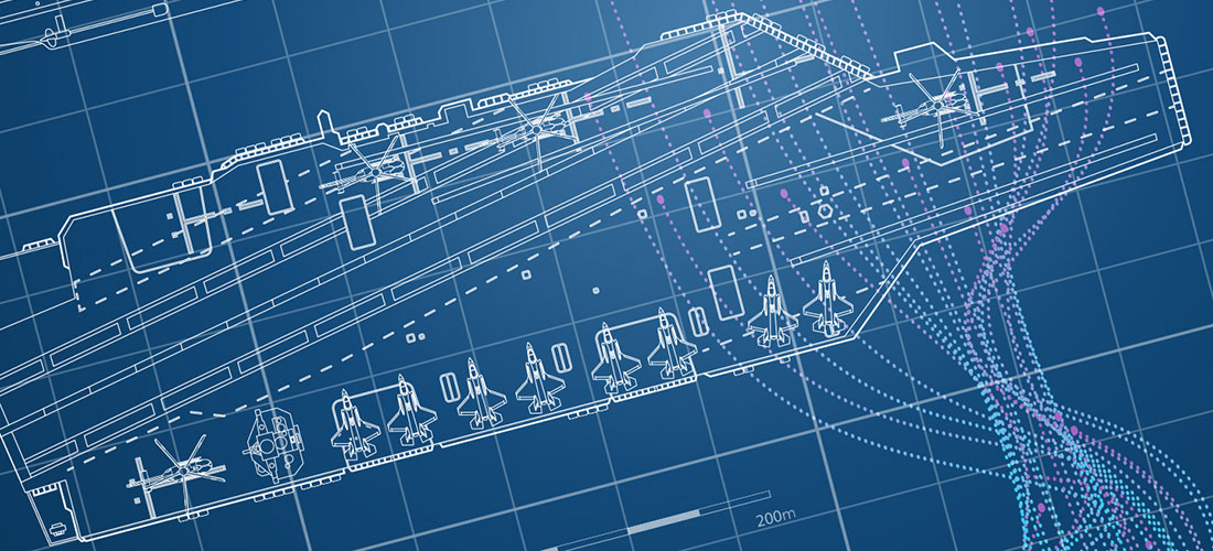 Digital Experimentation Platforms - image showing blueprint overhead view of aircraft carrier deck with aircraft on the deck