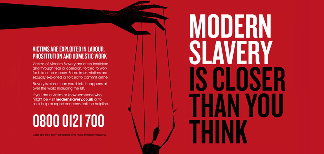 Modern Slavery graphic depicting a figure being used as a puppet on red background