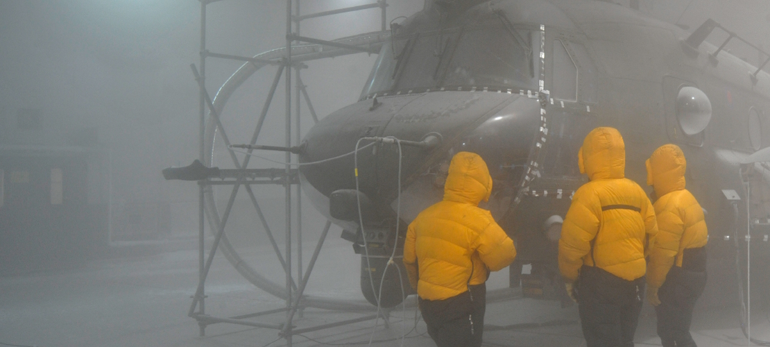 A Chinook helicopter in freezing conditions in QinetiQ's Environmental Test facility