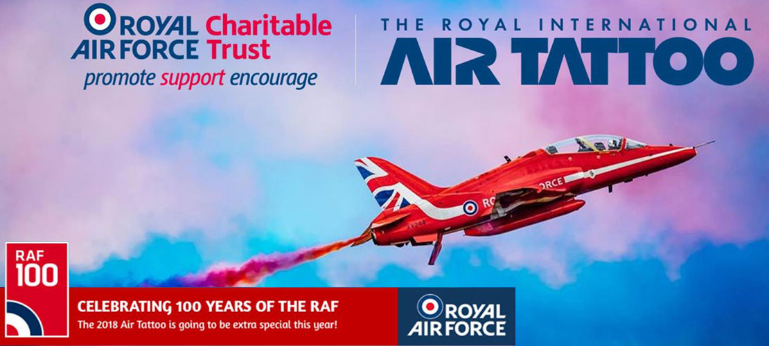 Royal International Air Tattoo 2018 advertising banner showing RAF Red Arrow jet