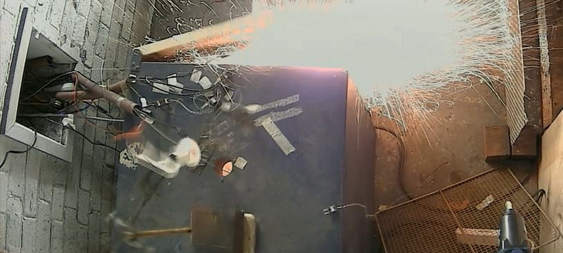Batteries go bang image showing large battery failing with big explosion of sparks