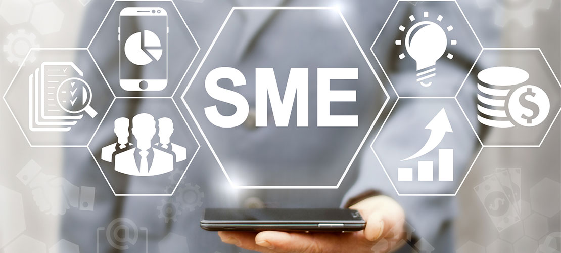 Bringing to life the value of SMEs card - image of man in suit holding mobile phone with SME above