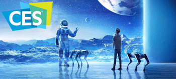 CES metaverse 2022 image - boy, astronaut and two robot quadrupeds in space-like environment