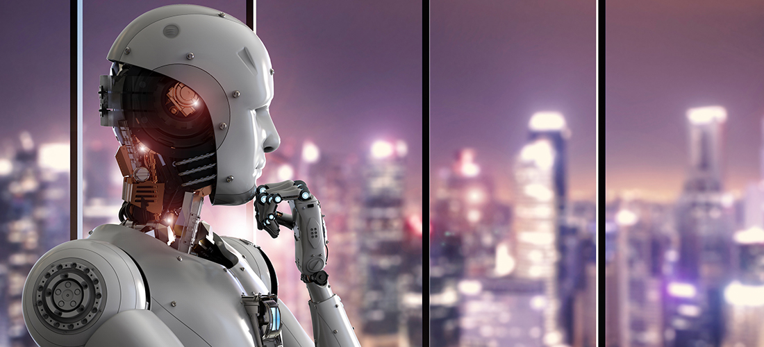 tech ethics main - conceptual image of android appearing to think while looking out at a nighttime cityscape