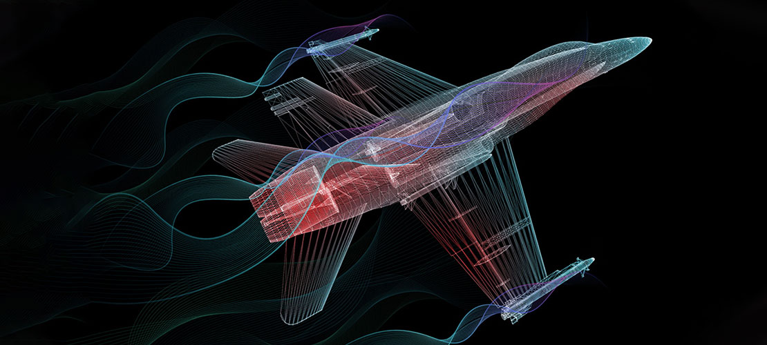 Simulator - image showing wireframe fast jet from underneath