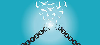 Birds in the sky breaking free from chains