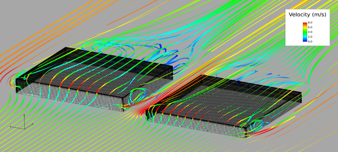 CFD streamline visualisation showing the complex wind flow around the hanger buildings inspired by Boscombe Down.