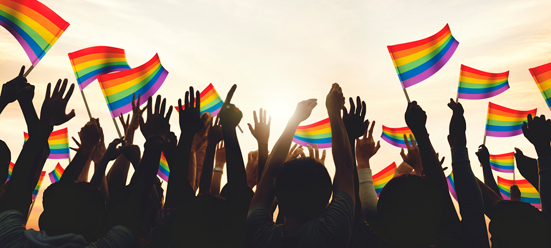 Celebrating pride month - image shows hands raised in celebration with many pride flags held aloft