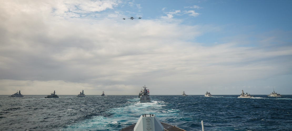 Ships sailing in formation as part of Exercise Formidable Shield