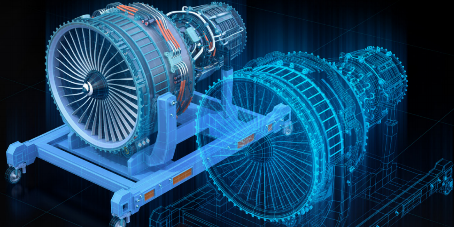 Digital Twin - image showing graphical representation of jet engine with digital twin alongside