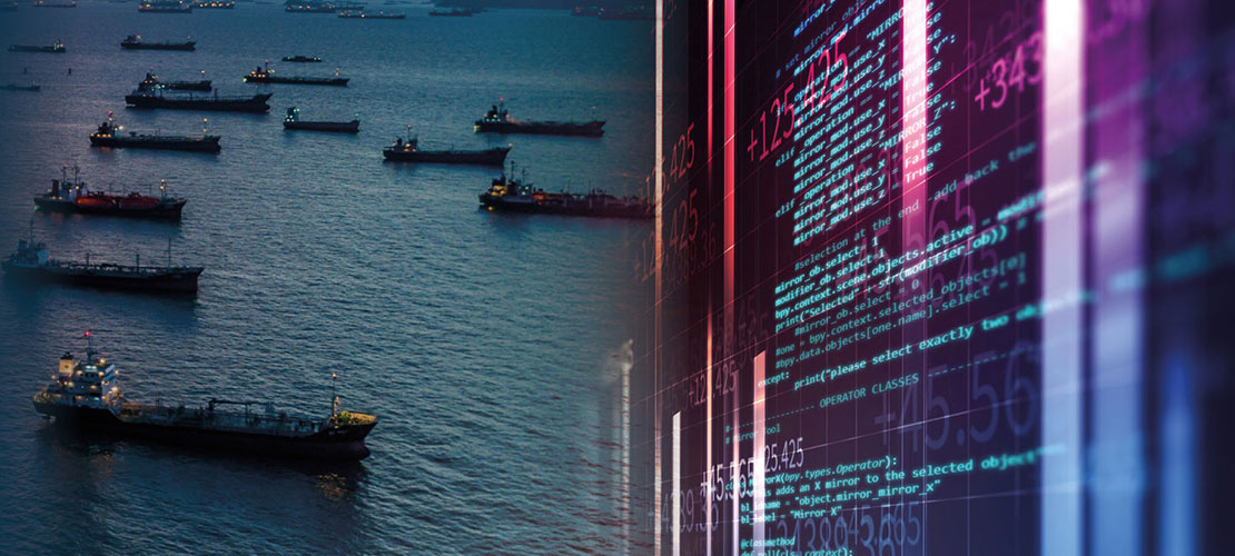 International Gas Company’s Cyber Resilience split screen graphic showing gas tankers at sea and code on screen