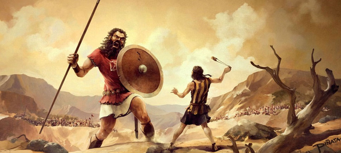 Painting of biblical story of David and Goliath - David with slingshot and Goliath with shield and spear