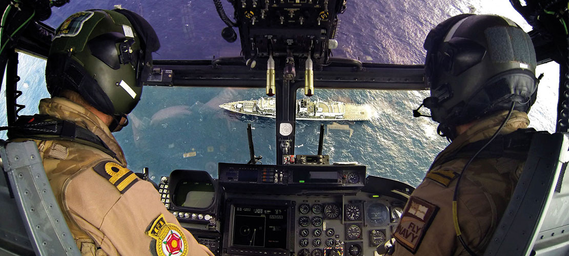 Spatial Disorientation image depicting two helicopter pilots heading vertically down to sea level with ship ahead