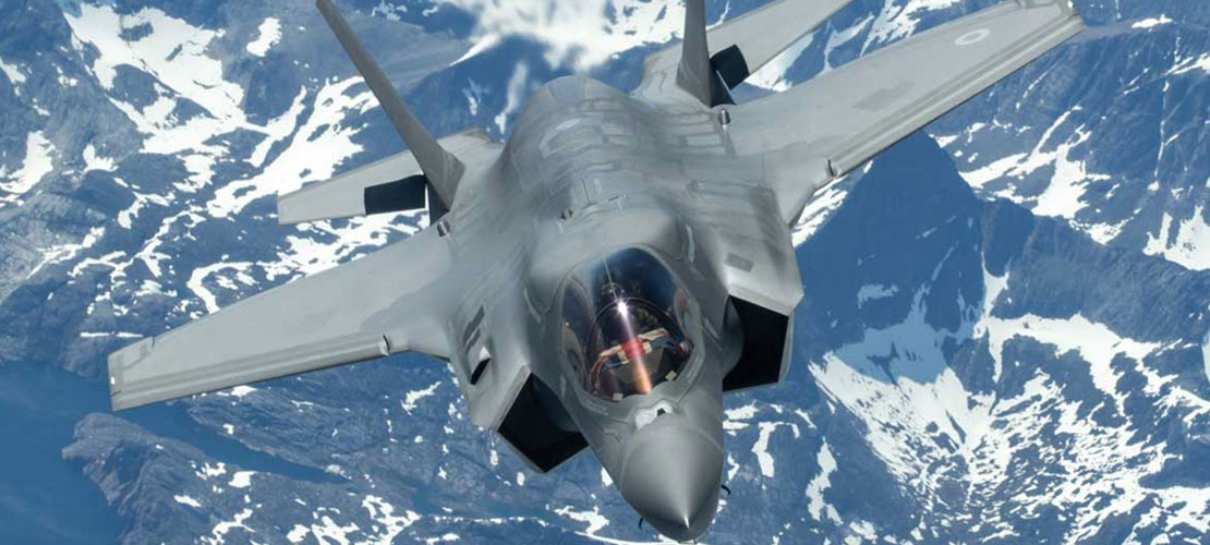 TEMPEST image showing F35 Lightning in flight heading towards camera over icy mountain range